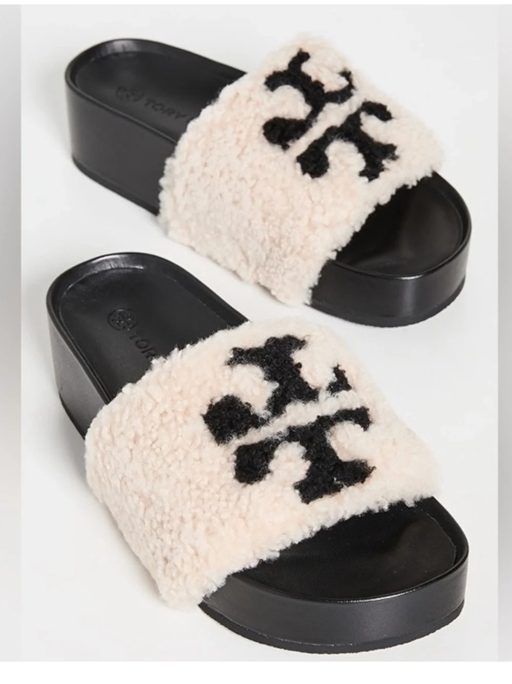 Tory Burch Women's Black Double T Shearling Platform Slide Sandals‎ Size 9